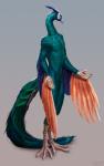 anthro big_tail biped blue_body blue_feathers bulge claws digitigrade feathers green_body green_feathers iridescent iridescent_scales long_neck male navel nude open_hands orange_body orange_feathers scales skinny solo spread_arms standing tail tasteful_nudity wings sunshtein avian bird galliform peafowl phasianid hi_res