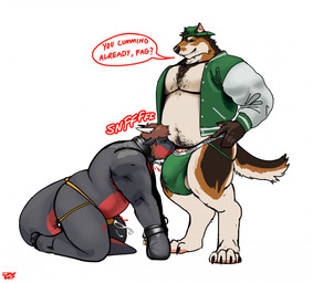 age_difference american_football anthro aroused aroused_by_another aroused_face aroused_male aroused_smile backwards_baseball_cap backwards_cap backwards_hat barazoku barefoot baseball_cap bdsm bdsm_gear beard beer_belly belly biceps big_belly big_bulge big_muscles big_pecs black_body black_collar black_scales bodily_fluids body_hair body_worship bondage bondage_gear bound brown_beard brown_body brown_chest_hair brown_facial_hair brown_fur brown_hair brown_pubes brown_sideburns bulge bulge_in_face bulge_musk chest_hair clothed clothing collar crotch_in_face crotch_sniffing cuff_(restraint) cum cum_in_clothing cum_in_jockstrap cum_in_underwear cum_spurt cum_through_clothing cum_through_jockstrap cum_through_underwear cumshot detailed_bulge dialogue dirty_talk dominant dominant_anthro dominant_male duo ejaculation erection erection_under_clothing erection_under_jockstrap erection_under_underwear exposed_chest eyes_closed face_in_crotch facial_hair feet football_player fur genital_fluids genital_outline green_clothing green_hat green_headwear green_jacket green_jockstrap green_topwear green_underwear grin grinning_at_partner hair hand_on_hip handcuffs happy_trail hat headgear headwear homophobic_slur jacket jock jockstrap jockstrap_sniffing kneeling kneeling_oral_position leash leashed_anthro leashed_collar leashed_male letterman_jacket looking_pleasured male male/male manly metal_cuffs multicolored_body multicolored_fur multicolored_scales musclegut muscular muscular_anthro muscular_male muscular_sub musk musk_worship musky_jockstrap musky_penis musky_underwear older_anthro older_male open_clothing open_jacket open_topwear orange_clothing orange_jockstrap orange_underwear orgasm orgasm_from_sniffing pantsless pantsless_anthro pantsless_male pecs penis_outline profanity pubes red_body red_scales restraints scales scent scent_play shackles sideburns simple_background smile smirk smirking_at_another smirking_at_partner smirking_dom sniffing sniffing_clothes speech_bubble sport standing submissive submissive_anthro submissive_male taunting taunting_partner tenting text thick_arms thick_thighs topwear two_tone_body two_tone_scales unbuttoned unbuttoned_topwear underwear underwear_sniffing wet wet_clothing wet_underwear white_background white_body white_clothing white_fur white_jacket white_topwear younger_anthro younger_male aviesergal mythology alrick_(lohboh) kabob_(dragonkabob) canid canine canis dragon mammal mythological_creature mythological_scalie scalie wolf english_text hi_res