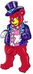 anthro balls bottomless bow_tie clothed clothing flaccid foreskin fur genitals glitter hat headgear headwear looking_at_viewer male multicolored_eyes penis red_body red_fur smile solo sparkles suit top_hat tbid lisa_frank bear mammal hi_res