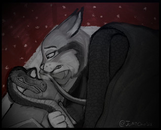 anthro bed bed_covers bedding duo feral fur furniture grey_body grey_fur looking_at_another male jomionesix disney zootopia gary_de'snake pawbert_lynxley canada_lynx felid feline lynx mammal pit_viper reptile scalie snake viper