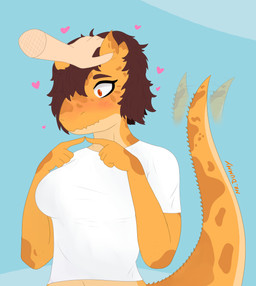 afterimage ambiguous_gender anthro big_breasts blue_background blush blush_lines breasts brown_body brown_hair clothed clothed_anthro clothed_female clothing disembodied_hand duo eyelashes female female/ambiguous fingers_together flustered freckled_face freckles front_view hair hand_on_head headpat heart_symbol human_on_anthro interspecies long_eyelashes looking_down markings motion_lines non-mammal_breasts red_eyes shirt short_hair shy simple_background spiked_tail spikes spikes_(anatomy) spots spotted_markings tail tail_motion tailwag tan_body text topwear white_clothing white_shirt white_topwear mrdummy569 carol_(mrdummy569) allosauroid carcharodontosaurid dinosaur giganotosaurus human mammal prehistoric_species reptile saurischian scalie theropod absurd_res artist_name colored half-length_portrait hi_res portrait