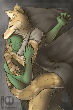 5_fingers anthro anthrofied bedding blanket brown_body brown_scales clothed clothing duo eyes_closed face_lick female fingers fur fur_and_scales hug human_on_anthro interspecies licking male rattle_(anatomy) scales sleeping tail tail_around_partner tan_body tan_fur tongue blokfort fallout microsoft anon blank_humanoid canid canine canis coyote human humanoid hybrid mammal night_stalker_(fallout) pit_viper reptile scalie snake viper 2019 2:3