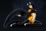 amber_eyes anthro barely_visible_genitalia barely_visible_pussy black_background black_hair bottomless breasts chromatic_aberration clothed clothing female genitals hair latex long_tail looking_back navel pose pussy simple_background sitting solo tail conditional_dnp latex_(artist) alyx_(latex) domestic_cat felid feline felis living_latex mammal pinup