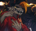 anthro black_nose clothing duo eyes_closed fangs finger_in_mouth open_mouth red_clothing red_shirt red_topwear ring shirt teeth topwear yellow_sclera hyilpi vi-bellum_(hyilpi) canid canine mammal 2024 artist_name digital_media_(artwork)