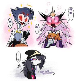 anthro clothed clothing cutlery dialogue feathers female fork grey_body grey_feathers group kitchen_utensils male red_eyes text tools trio white_body white_feathers xszwhr hellaverse helluva_boss octavia_(helluva_boss) stella_(helluva_boss) stolas_(helluva_boss) avian bird owl owl_demon translation_request