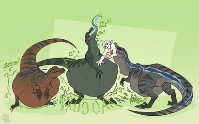 anthro anthro_prey belly big_belly black_belly black_body brown_belly brown_body feet_first female feral feral_pred green_background grey_belly grey_body group head_first huge_belly rumbling_stomach simple_background vore misscaine dinosaur dromaeosaurid prehistoric_species reptile saurischian scalie theropod 2026 hi_res watermark