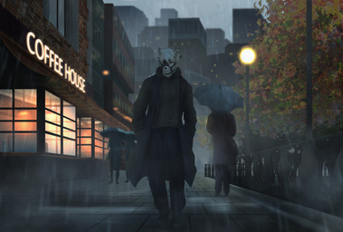 anthro autumn autumn_leaves beverage biped building city city_background clothed clothing coffee coffee_shop fully_clothed group male modern_architecture outside pavement plant raining sign solo_focus street_lamp text tree urban walking dansats mihoyo zenless_zone_zero von_lycaon canid canine canis mammal thiren wolf digital_media_(artwork) english_description english_text hi_res