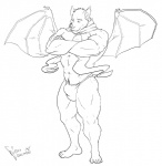 anthro biped bulge clothed clothing detailed_bulge funny_post_number genital_outline male membrane_(anatomy) membranous_wings muscular muscular_anthro muscular_male penis_outline scarf simple_background solo standing underwear white_background wings panda_lover bat mammal hi_res monochrome