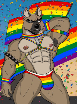 abs anthro armpit_hair body_hair bracelet brown_body brown_fur bulge clothing collar fur fur_markings jewelry lgbt_pride male markings multicolored_body multicolored_clothing multicolored_fur multicolored_underwear muscular nipple_piercing nipples piercing pride_colors rainbow_flag rainbow_pride_flag rainbow_symbol scar solo spiked_bracelet spikes text underwear ivan_the_artist lgbt_pride_month pixie_and_brutus brutus_(pixie_and_brutus) canid canine canis domestic_dog german_shepherd herding_dog mammal pastoral_dog 2025 english_text hi_res