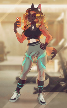 anthro athletic_pants breasts cellphone clothing electronics erection erection_under_clothing footwear genitals gradient_hair gym gynomorph hair intersex mirror mirror_selfie penis phone selfie shirt shoes smartphone sneakers solo tank_top topwear cookie_choo apple_inc. iphone josie_dubois canid canine canis domestic_dog herding_dog malinois_dog mammal pastoral_dog sheepdog absurd_res hi_res trans_(lore) trans_woman_(lore)