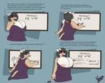 anthro areola areola_slip big_breasts breasts cleavage cleavage_overflow clothed clothing dialogue dress female huge_breasts inconvenient_breasts nipple_slip physics_equation smudged solo text wardrobe_malfunction whiteboard lonnyk joanne_(lonnyk) bovid bovine mammal comic english_text hi_res