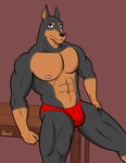 abs angry anthro big_bulge black_body black_fur bulge claws clothing fur furniture grabbing leg_grab long_nails looking_at_viewer male muscular muscular_anthro muscular_legs muscular_male nipples on_table pecs pink_nipples pointy_ears red_background red_clothing red_thong red_underwear simple_background sitting sitting_on_table solo speedo swimwear table thick_lines thong underwear neruk canid canine canis dobermann domestic_dog mammal pinscher absurd_res hi_res