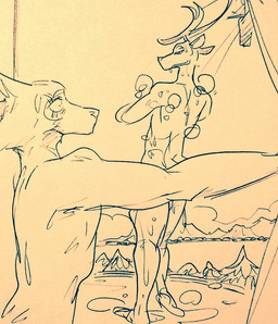anthro bathing duo glass half-closed_eyes looking_at_another looking_at_partner looking_back male male/male narrowed_eyes nude shower showering showering_together soap surprised wet window wuffinarts beastars legoshi_(beastars) louis_(beastars) canid canine canis cervine deer mammal red_deer wolf