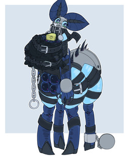 4_legs antennae_(anatomy) arthropod_abdomen ball_and_chain bell bell_collar belt big_breasts blue_body blue_eyes blue_skin breasts chain claws collar cowbell cuff_(restraint) female genitals green_eyes hooves huge_breasts hyper hyper_genitalia hyper_vulva machine quadruped restraints shackles solo spikes spikes_(anatomy) vulva atsuko_021 saury_(saureal) arthropod insect lepidopteran moth robot taur absurd_res hi_res