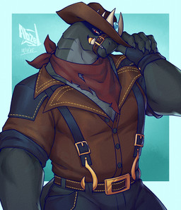 anthro belt black_clothing black_fingerless_gloves black_gloves black_handwear clothing cowboy cowboy_hat fangs fingerless_gloves gills gloves gold_(metal) gold_tooth handwear hat headgear headwear male muscular muscular_anthro muscular_male overalls pecs red_eyes red_scarf rolled_up_sleeves scarf smile smiling_at_viewer smirk smirking_at_viewer solo teeth tipping_hat abzel nintendo splatoon bandit_(banditstavern) aquatic fish salmonid_(splatoon) 2025 digital_media_(artwork) digital_painting_(artwork) english_description painting_(artwork) signature watermark