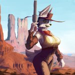 1:1 2023 absurd_res anthro belt big_breasts bottomwear breasts brown_clothing brown_hat brown_headwear butte_(landscape) canid canine cassidy_(titanogoro) clothed clothed_anthro clothed_female clothing cowboy day desert digital_media_(artwork) digital_painting_(artwork) female female_anthro fingers fur furgonomic_hat furgonomic_headwear furgonomics gun hat headgear headwear hi_res holding_gun holding_object holding_ranged_weapon holding_weapon kerchief mammal neckerchief neckwear open_mouth portrait ranged_weapon sky solo tail teeth three-quarter_portrait three-quarter_view titanogoro topwear weapon