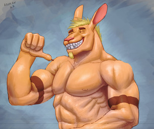 anthro beard blonde_beard blonde_facial_hair blonde_hair brown_markings eyes_closed facial_hair fangs grin hair long_ears male markings muscular muscular_anthro muscular_male nude orange_body pecs simple_background smile solo teeth aduran kangaroo macropod mammal marsupial 2023 bust_portrait dated hi_res portrait signature