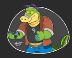 2024 4_fingers alligator alligatorid anthro bottomwear brok_(brok_the_investigator) brok_the_investigator clothing cowcat_games crocodilian fingers green_body gun hat headgear headwear hi_res krunchycroc male pants ranged_weapon reptile scalie shirt slightly_chubby solo topwear weapon