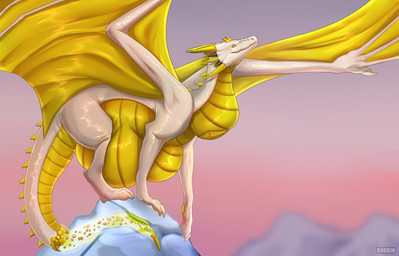 ambiguous_feral ambiguous_gender belly big_belly blurred_background digitigrade feral horn membrane_(anatomy) membranous_wings mouth_closed neck_bulge outside quadruped scales side_view solo spread_wings tail tan_body text thick_tail ventral_scales vore white_body wings yellow_eyes yellow_horn yellow_wings roobin european_mythology mythology dragon mythological_creature mythological_scalie scalie western_dragon artist_name hi_res