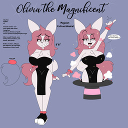 anklet anthro big_breasts bracelet breasts clothed clothing dress eyewear female female_anthro glasses hair huge_breasts jewelry magic magic_user one_eye_closed pink_hair smile snapping_fingers solo sparkles text wink aurabutt olivia_the_magnificent lagomorph leporid mammal rabbit 1:1 2025 digital_media_(artwork) english_text hi_res