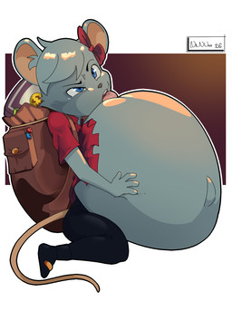 accessory ambiguous_gender ambiguous_prey anthro backpack belly big_belly biped black_bottomwear black_clothing black_nose black_pants blue_eyes bottomwear bow_ribbon clothed clothing eyebrows female female_pred fur grey_body grey_fur grey_hair hair hair_accessory hair_bow hair_ribbon huge_belly hyper hyper_belly kneeling navel open_mouth pants partially_clothed red_clothing red_shirt red_topwear ribbons shirt short_hair side_view simple_background solo teeth tongue tongue_out topwear vore nanuna backpack_hero purse_(backpack_hero) mammal murid murine rat rodent 2026