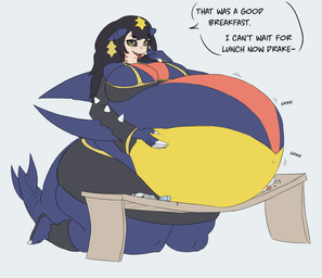 after_eating arm_fin belly belly_expansion belly_on_table belly_overhang big_belly big_breasts black_hair black_sclera blue_body blue_scales blush bottomwear breasts claw_fingers cleavage clothed clothing crop_top dorsal_fin expansion fangs female fin food footwear furniture_damage hair hand_on_own_belly huge_belly humanoidized hyper hyper_belly kneeling light_body light_skin long_hair looking_at_viewer multicolored_body obese obese_female obese_humanoid open_mouth open_smile overweight overweight_female overweight_humanoid rumbling_stomach scales shirt shorts simple_background smile solo spikes stuffing tail tail_fin talking_to_viewer teeth text thick_thighs tongue tongue_out topwear white_background yellow_eyes princessofsmut nintendo pokemon fan_character garchomp generation_4_pokemon humanoid pokemon_(species) pokemon_humanoid scalie 2023 digital_drawing_(artwork) digital_media_(artwork) english_text hi_res