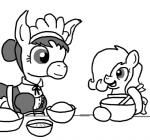 asinus bowl clothing container donkey duo earth_pony emerald_jewel_(colt_quest) equid equine fan_character female feral ficficponyfic hasbro horse maid_uniform male mammal monochrome my_little_pony pony simple_background uniform young young_feral
