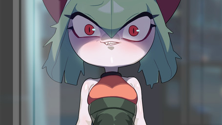 black_clothing black_topwear blurred_background breasts clothed clothing fangs female front_view green_hair hair iris multicolored_clothing not_furry pupils red_clothing red_eyes red_topwear slit_pupils small_breasts solo teeth topwear white_arms white_body white_skin drunk_oak nintendo pokemon generation_3_pokemon humanoid kirlia pokemon_(species) 16:9 2022 hi_res widescreen