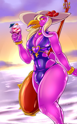 anthro beak blonde_hair bulge clothed clothing crossdressing feathers femboy hair male moobs one-piece_swimsuit pecs pink_body pink_feathers sea solo sunset swimwear thick_thighs water nobody_shapes kings_of_hell ipos_(kings_of_hell) accipitriform avian bird vulture absurd_res hi_res