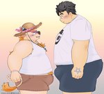 age_difference anthro belly blonde_hair blue_eyes bottomwear bulge clothing duo eyewear fur hair hat headgear headwear male male/male overweight overweight_male pubes shirt shorts size_difference straw_hat sunglasses tank_top topwear white_body white_fur young young_anthro young_human young_male moujya lifewonders tokyo_afterschool_summoners babe_bunyan_(tas) chubby_protagonist_(tas) protagonist_(tas) bovid bovine cattle human mammal absurd_res hi_res