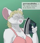 anthro blonde_hair bra breasts cleavage clothed clothes_iron clothing definition female fur green_background hair simple_background solo text underwear water whiskers white_body white_fur cybercorn_entropic the_meaning_of_liff cynthia_boggs mammal mouse murid murine rodent 2020 english_text