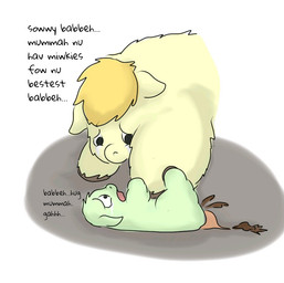 abuse ambiguous_feral ambiguous_gender blonde_hair bodily_fluids brown_tail child_abuse crying duo feces feral forced fur green_body green_fur hair hooves imminent_death pained_expression pooping sad simple_background squish tail tears yellow_body yellow_fur young young_ambiguous young_feral carpdime fluffy_pony fluffy_pony_(species) mammal digital_media_(artwork) shaded