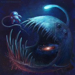 astronaut biped cosmic_horror duo feral galaxy horror_(theme) lure_(anatomy) multi_eye nightmare_fuel open_mouth outside sharp_teeth sky space star starry_sky surrealism teeth trap_(contrivance) what kuroi-kisin anglerfish aquatic eldritch_abomination fish 1:1 2015 digital_media_(artwork)