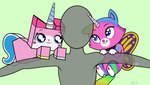 anthro blue_eyes female fur group horn lego_brick multicolored_body multicolored_fur multicolored_tail perching pink_body rainbow_body rainbow_fur rainbow_tail tail trio unicorn_horn lego rainbow_butterfly_unicorn_kitty the_lego_movie anon felicity_(rainbow_butterfly_unicorn_kitty) unikitty domestic_cat felid feline felis human mammal