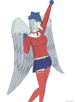 anthro blue_body blue_bottomwear blue_clothing blue_skirt bone_frill bottomwear clothed clothed_anthro clothing eyes_closed feathered_wings feathers female fingers fist footwear frill_(anatomy) front_view gloves grey_body grey_feathers grey_hair hair handwear happy hat headgear headwear humanoid_hands legwear long_hair markings open_mouth open_smile pose raised_arm red_clothing red_footwear red_shirt red_socks red_topwear shirt simple_background skirt smile socks solo striped_markings stripes text thigh_highs thigh_socks topwear white_background wings dumacukr(d5214) goodbye_volcano_high ko_op_(game_developer) fang_(gvh) prehistoric_species pterosaur reptile scalie absurd_res artist_name colored digital_media_(artwork) full-length_portrait hi_res portrait shaded