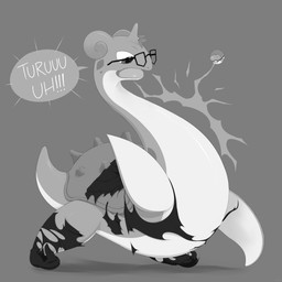 ambiguous_gender clothing dialogue eyewear feral flower_on_head footwear glasses horn looking_down open_mouth pokeball rectangular_glasses shoes simple_background solo surprised tail torn_clothing transformation mentalcrash nintendo pokemon generation_1_pokemon lapras pokemon_(species) 1:1 2021 absurd_res digital_media_(artwork) hi_res monochrome