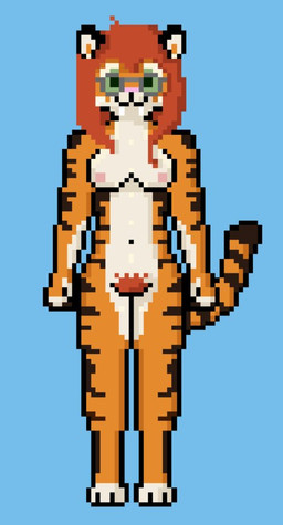 3_toes anthro belly closed_smile countershading eyewear feet female fur glasses green_eyes hair mouth_closed navel nude orange_body orange_fur orange_hair pubes simple_background smile solo striped_body stripes tail teeth toes white_belly white_body white_fur 5up3rfr34k felid hybrid mammal pantherine prehistoric_species saber-toothed_tiger smilodon tiger digital_media_(artwork) pixel_(artwork)