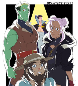blonde_hair bottomwear clothed clothing facial_hair female fully_clothed green_body green_skin group hair hat headgear headwear human_focus humanoid_pointy_ears male muscular muscular_humanoid not_furry pointy_ears topwear karina_farek drawfee_(copyright) drawtectives eugene_finch grendan_highforge gyorik_rogdul rose_(drawtectives) dwarf human humanoid mammal orc digital_media_(artwork) nonbinary_(lore)