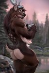 2020 adobe_photoshop_(artwork) anthro antlers arm_tuft backpack blue_antlers brown_body brown_fur butt calf_tuft camera casual_nudity chunie deer detailed_background digital_media_(artwork) digital_painting_(artwork) elbow_tuft fingers forest fur hi_res holding_camera holding_object hooved_fingers hooves horn leg_tuft looking_at_viewer looking_back male mammal marsh_deer muscular muscular_anthro muscular_male new_world_deer nude outdoor_nudity outside plant rear_view red_eyes solo spots tree tuft water west_(westt) white_body white_butt white_fur white_spots