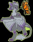 4_ears anthro feathered_crest feathers fur grey_body grey_fur head_crest magenta_fur male multi_ear orange_wings purple_eyes smile solo tail tail_feathers tail_tuft tuft wings reitakei talon_(parrybow) arthropod avali butterfly insect lepidopteran absurd_res alpha_channel hi_res