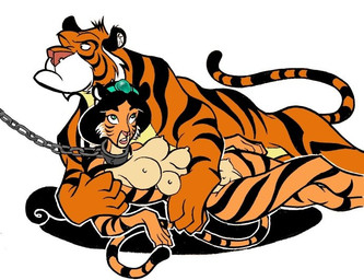 anthro bdsm bondage bound breasts chain chain_leash collar duo female genitals hair leash metal_collar multi_breast muscular nipples nude slave species_transformation transformation vulva fissureking disney disney's_aladdin disney_princess princess_jasmine_(disney) rajah_(disney) felid mammal pantherine tiger