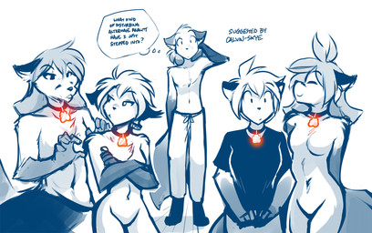 alternate_species ambiguous_gender anthro arm_tuft bedroom_eyes bottomwear breast_size_difference breasts casual_nudity chest_tuft clothed clothed/nude clothed_male clothing collar collar_of_keidranification collar_only collar_tag crossed_arms crossgender digitigrade ear_tuft elbow_tuft eyebrows eyelashes eyes_closed featureless_breasts featureless_crotch female fluffy fluffy_tail front_view fur furrification gloves_(marking) group hair half-closed_eyes hands_behind_back long_hair long_tail looking_aside looking_at_another looking_back male markings medium_breasts multicolored_body multicolored_fur multicolored_tail narrowed_eyes navel nude null pants pawprint_collar_tag pecs pubic_mound seductive shirt short_hair shoulder_tuft simple_background slim small_breasts smile snout social_nudity standing tail text thought_bubble tongue tongue_out topless topwear tuft white_background conditional_dnp tom_fischbach twokinds flora_(twokinds) keith_keiser mike_(twokinds) natani trace_legacy canid canine fox keidran mammal 2019 adobe_photoshop_(artwork) digital_media_(artwork) english_text hi_res monochrome sketch