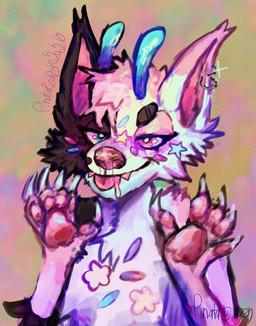 2_horns ambiguous_gender anthro blep blue_eyes blue_horn bodily_fluids brown_body brown_eyebrows brown_fur candy dessert dipstick_ears ear_markings eyebrows food fur heterochromia horn markings multicolored_ears open_mouth pawpads paws pink_body pink_ear_tips pink_eyes pink_fur pink_pawpads pink_teeth raised_paw saliva saliva_string solo spotted_nose sprinkles_in_fur sprinkles_on_face teeth tongue tongue_out white_body white_fur pinatareaper canid canine mammal clip_studio_paint_(artwork) digital_media_(artwork) hi_res