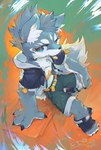 anthro blue_body blue_eyes blue_fur bottomwear clothing fur fur_markings hair jacket looking_at_viewer male markings multicolored_body multicolored_fur shirt shorts sitting solo topwear two_tone_body two_tone_fur white_body white_fur young toomiro canid canine canis mammal wolf