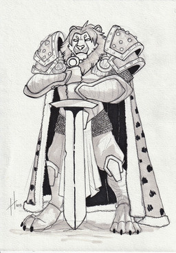 anthro armor cape clothed clothing empty_eyes holding_melee_weapon holding_object holding_sword holding_weapon male male_anthro mane melee_weapon mouth_closed simple_background solo standing sword weapon hufnaar felid lion mammal pantherine 2018 absurd_res dated full-length_portrait hi_res monochrome portrait sketch