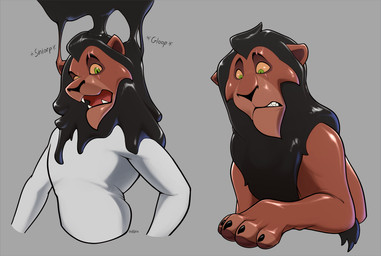 anthro black_body black_nose brown_body claws facial_scar goo_transformation green_eyes grey_background implied_permanent latex latex_transformation liquid_latex male nude onomatopoeia scar simple_background sound_effects species_transformation text transformation yellow_sclera badroy disney the_lion_king scar_(the_lion_king) felid humanoid lion mammal pantherine 2026 digital_media_(artwork)