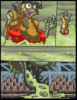 ambiguous_gender anthro big_breasts black_border black_hair bodily_fluids bone border bottomwear box breasts brown_body brown_eyes brown_fur bubble clothing container crate crop_top death digested duo fatal fatal_vore female feral fur gloves gore hair handwear huge_breasts internal multicolored_body multicolored_fur open_mouth plant shirt skull stomach_acid tan_body tan_fur teeth topwear two_tone_body two_tone_fur vore virus-20 june_coyote canid canine canis coyote mammal plant_monster 2014 comic digital_media_(artwork)