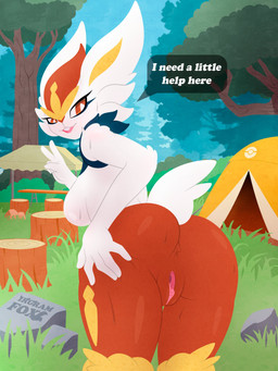 anthro anus bent_over biped breasts butt camping clitoris female fur genitals looking_at_viewer looking_back looking_back_at_viewer nature nude nude_anthro nude_female orange_body orange_eyes orange_fur outside presenting presenting_hindquarters solo spread_vulva spreading tent text tree_stump vulva white_body white_fur irgramfox nintendo pokemon cinderace generation_8_pokemon lagomorph mammal pokemon_(species) 3:4 absurd_res english_text hi_res
