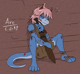 anthro bandage bottomwear clothed clothing facial_scar female half-closed_eyes half_asleep holding_object holding_weapon legwear melee_weapon narrowed_eyes one_eye_closed scabbard scar scratches sitting sitting_on_ground sword topwear torn_bottomwear torn_clothing torn_legwear torn_topwear weapon young young_anthro young_female arc_rose mythology dragon mythological_creature mythological_scalie scalie hi_res