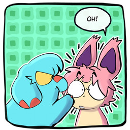 blue_body blue_fur dialogue duo ears_up eyewear feral fur glasses long_ears male open_mouth pattern_background pink_body pink_fur proboscis_(anatomy) simple_background speech_bubble tan_body tan_fur text trunk_(anatomy) wearing_glasses wide_eyed chubledoodles nintendo pokemon pokemon_mystery_dungeon spike_chunsoft felid feline generation_2_pokemon generation_3_pokemon mammal phanpy pokemon_(species) proboscidean skitty 1:1 comic english_text one_panel_comic